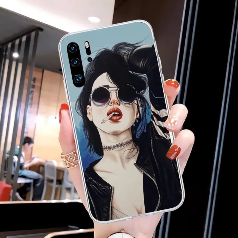 Cyberpunk Girl Anime Phone Case for Huawei P50 P40 P30 Pro Mate 40 30 Pro Nova 8 8i Y7P Honor Clear Phone Cover Funda