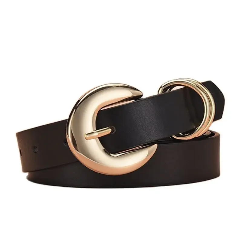 Cinturón de hebilla de aguja de doble anillo para mujer, cinturón de cintura elegante negro de lujo versátil Retro, accesorios de ropa para niña, regalo de moda