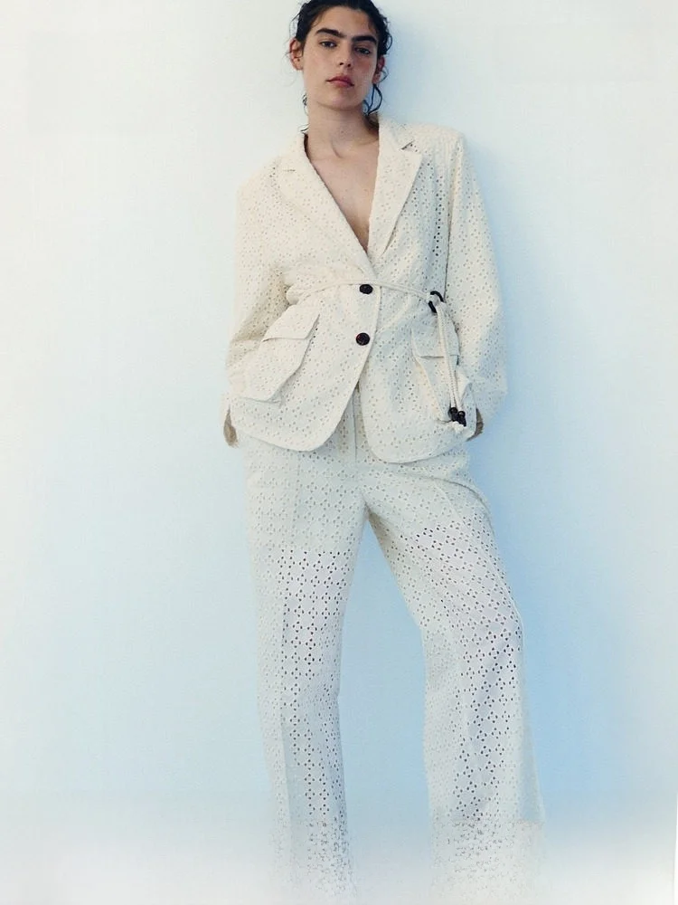 H&M Summer New Women's Embroidered Hollow out West Pants Casual Style Cotton Trousers mid Waist Fit for Casual Scenarios