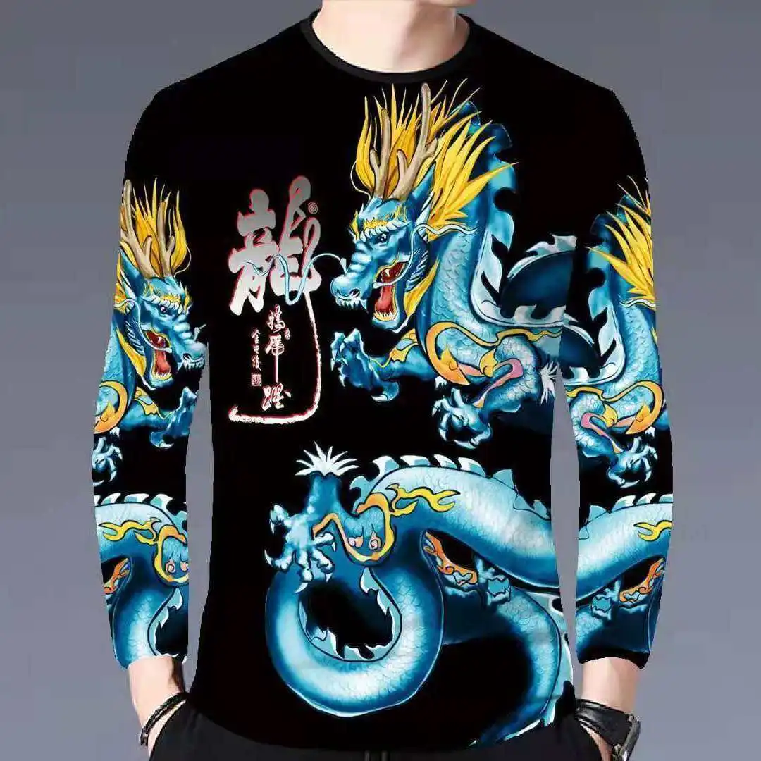 

3D Digital Animation Style Roaring Dragon Pattern Round Neck Men's Long Sleeves T Shirt Fashion Cool Men's Summer Streetwear Top