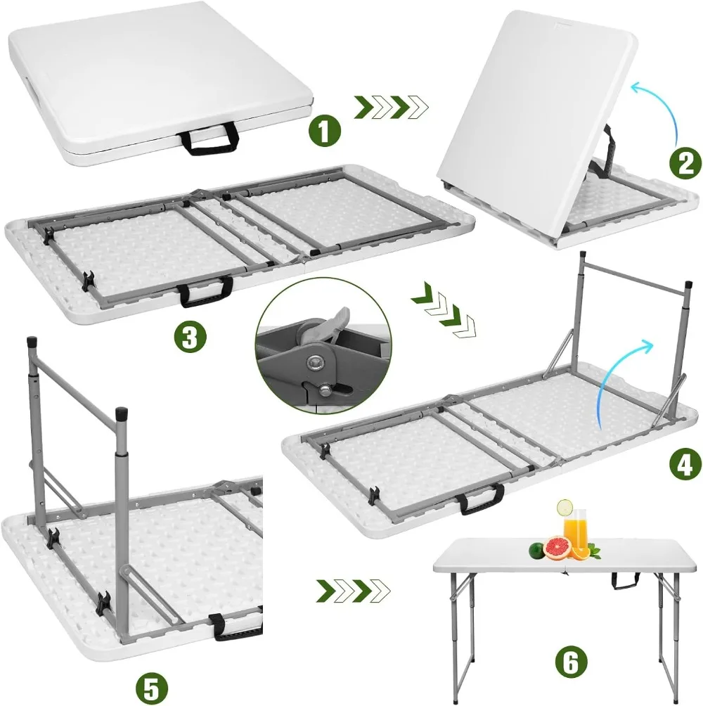 Mesa plegable de 4 pies, mesa de utilidad plegable por la mitad de plástico resistente portátil, mesa plegable pequeña de altura ajustable para interiores y exteriores