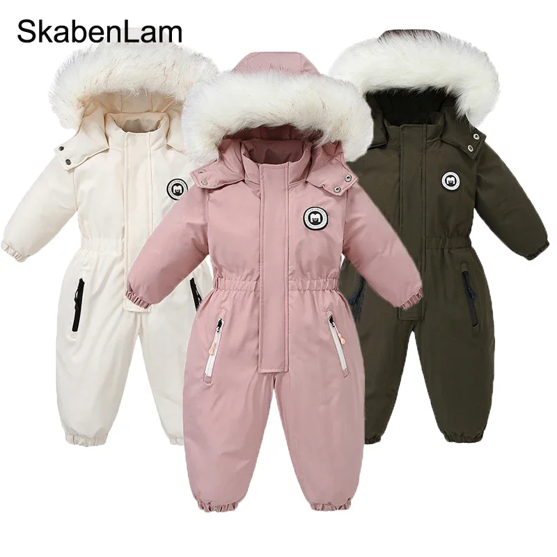 

-30 Degree Winter Baby Jumpsuit Boy Thicken Lined Fleece Overalls Hooded Jackets Kids Ski Suits Girl Children Snowsuits Coats