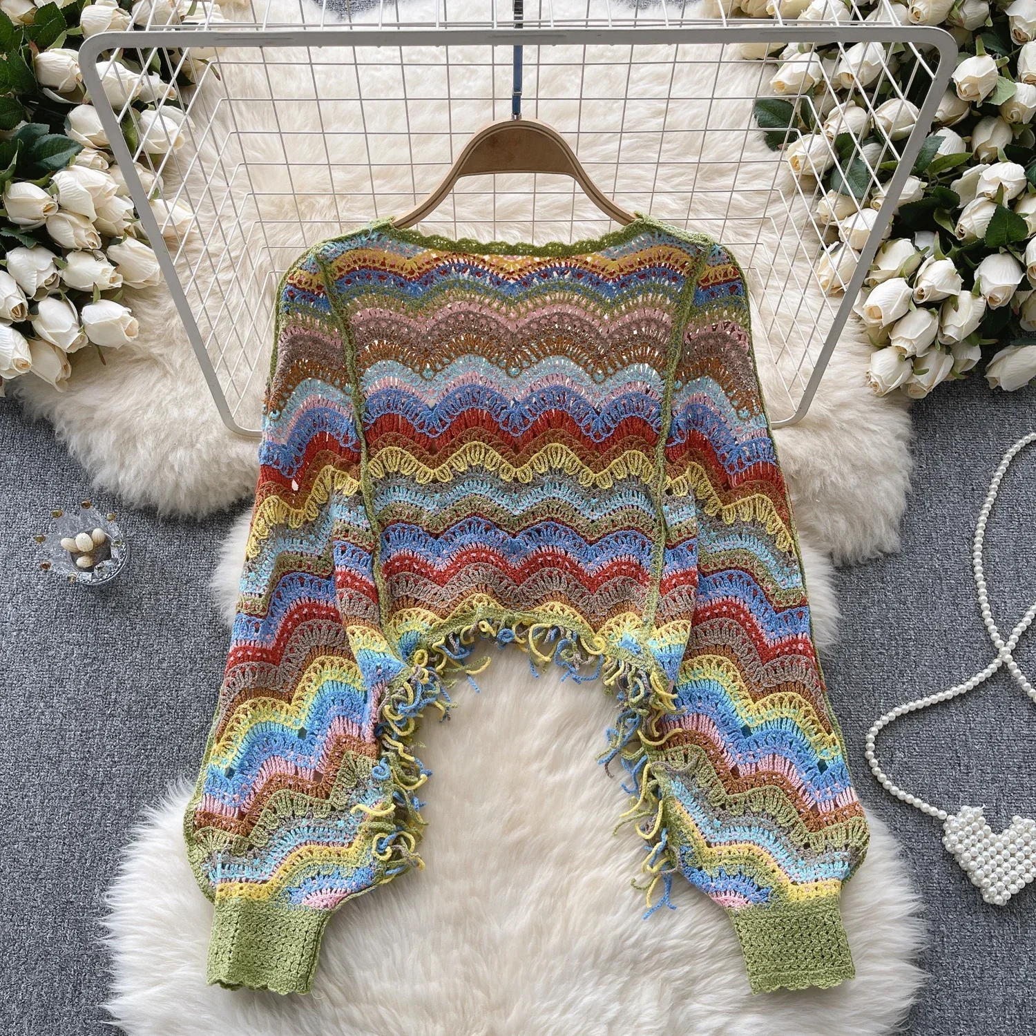 Crochet Long Sleeve Sweaters for Women Hook Flower Hollow Contrast Color Tassels O-Neck Knitwear Pullover Woman Sweater Dropship