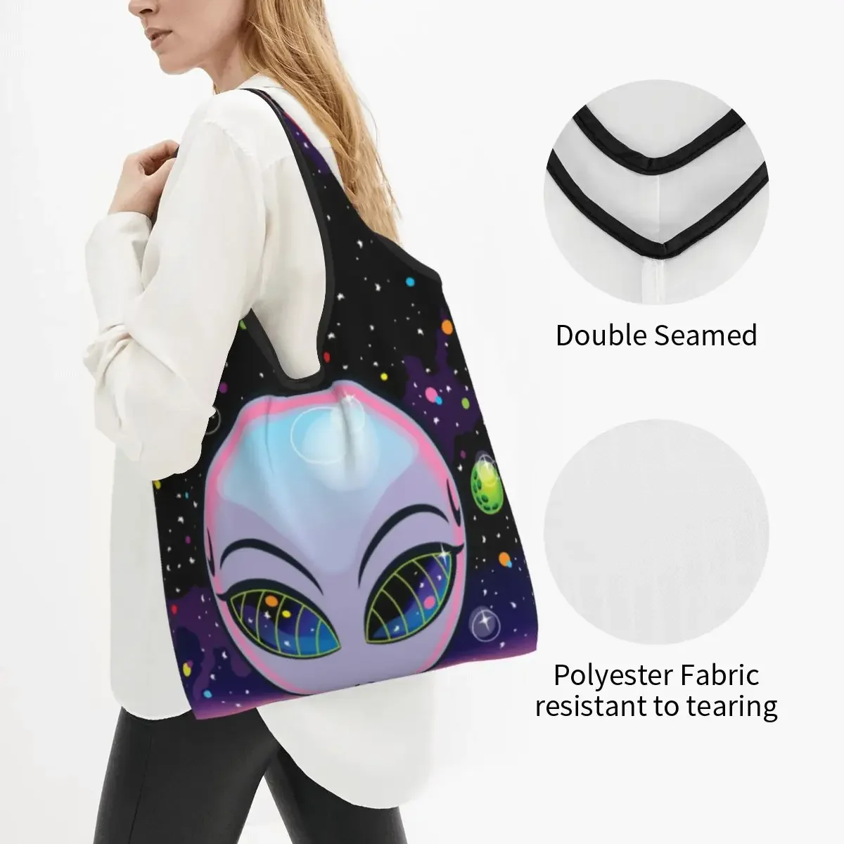 Custom Cute Cosmic Alien Shopping Tote Bag Portable UFO Sci Fi Space Grocery Shopper Shoulder Bag