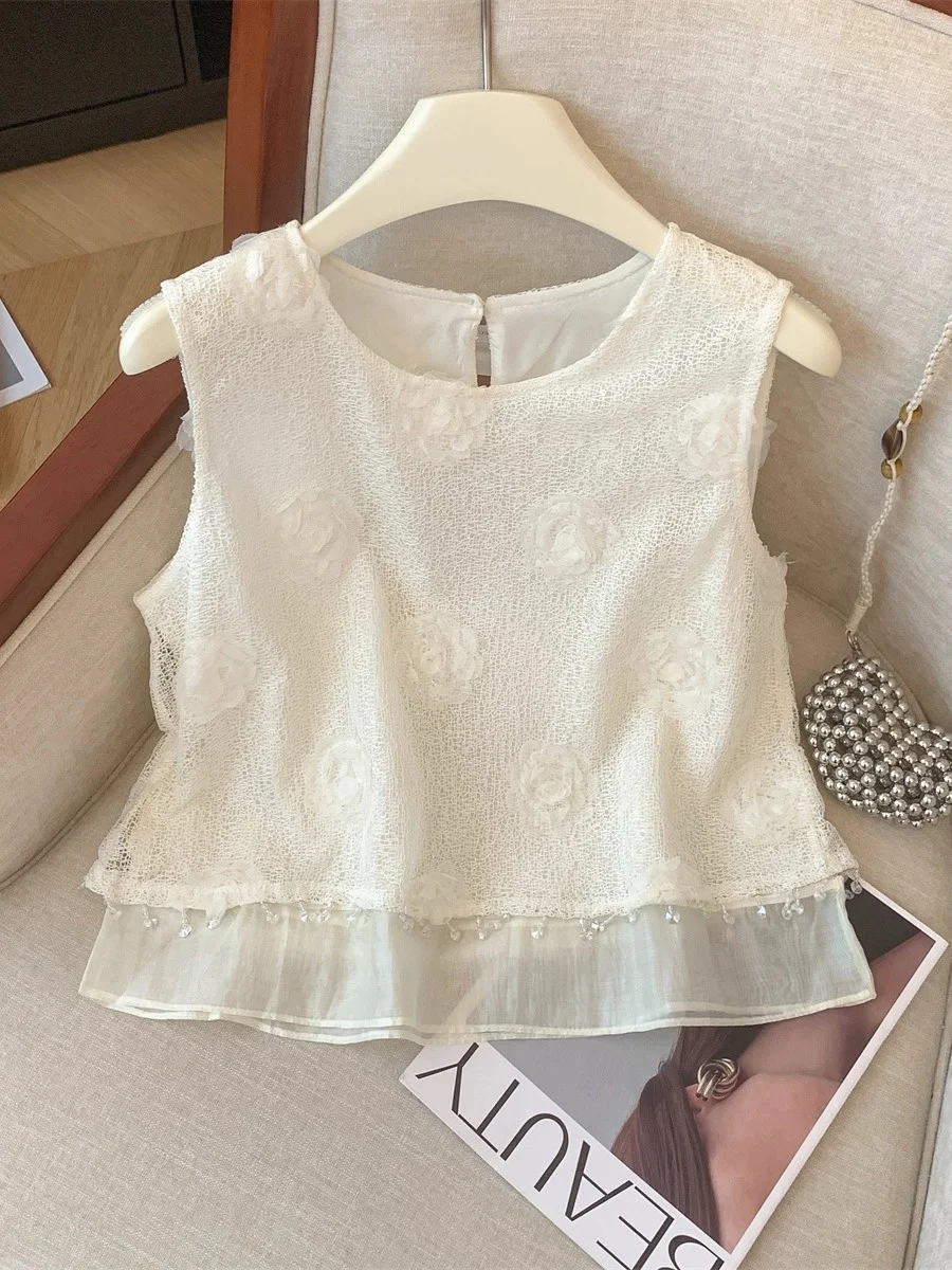 

Французский шифоновый топ с открытыми плечами и вставками, женский летний жилет 2026 года, новый дизайн, свободный крой, однотонный, с круглым вырезом