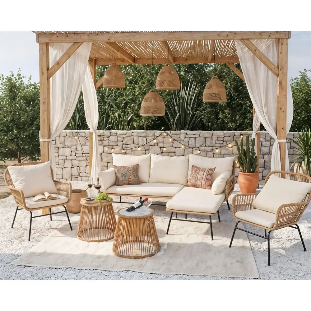 

Boho Style Outdoor Patio Furniture Set with High Back Wicker, Ice Bucket Table, 500lbs Capacity, Beige