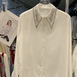 New In Autumn Spring Sparkle Diamonds Stitch Elegant White Blouses Shirts for Women's Long Sleeve Versatile Tops Blusas Clothing
