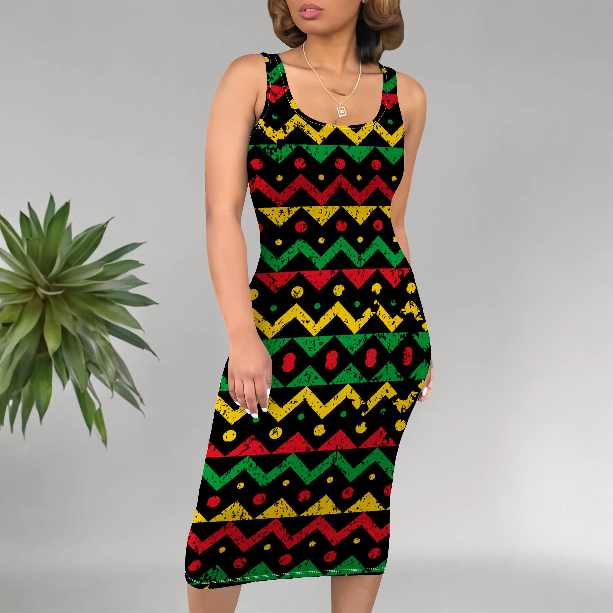 

African American Bodycon Dress S-3XL Rasta Color Tribal Print Sleeveless Midi Club Dress for Juneteenth Festival