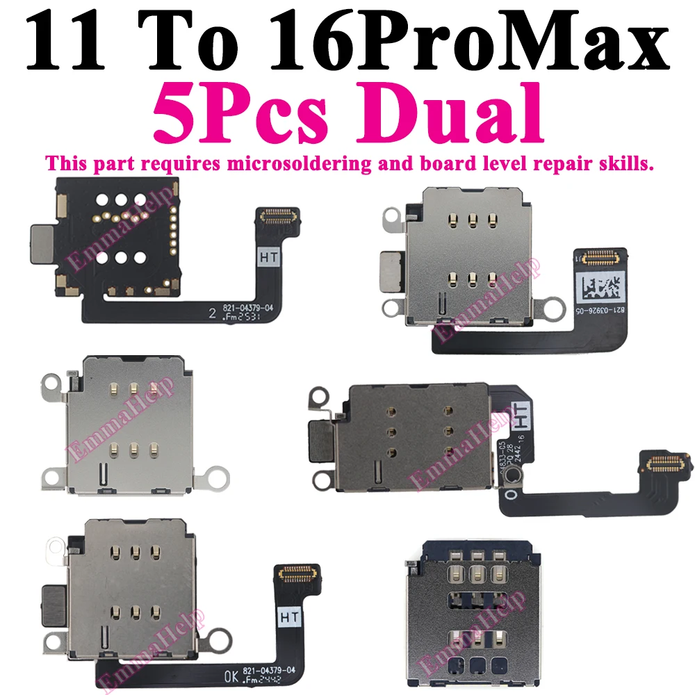 5Pcs Dual SIM Card Reader Tray Slot Socket Flex Cable for iPhone 16 15 14 13 12 11 Pro Max Plus Connector Adapter Repair Parts