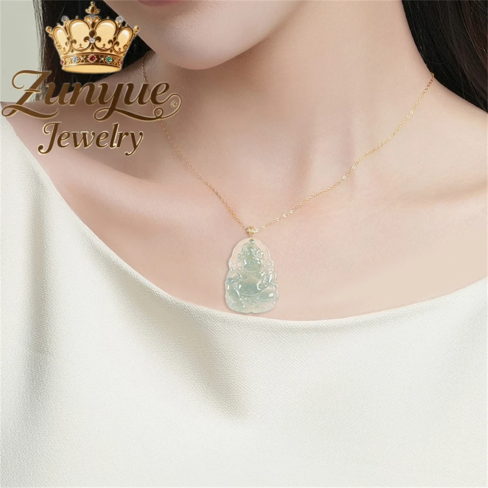 Natural A-Grade Jade Blue Water Yellow Wealth God Ice Type Jade Pendant 18K Gold Clasp Set Fashionable Pendant
