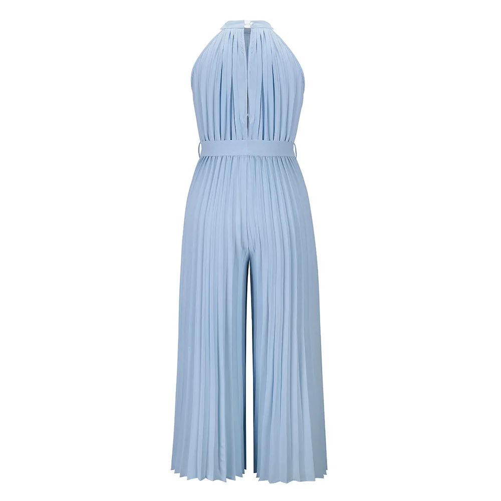 Women\'s Pleated Ruched Party Jumpsuit, Elegant Halter, Sleeveless Office Playsuit, Wide Leg Pants Rompers, Monochromatic, Summer