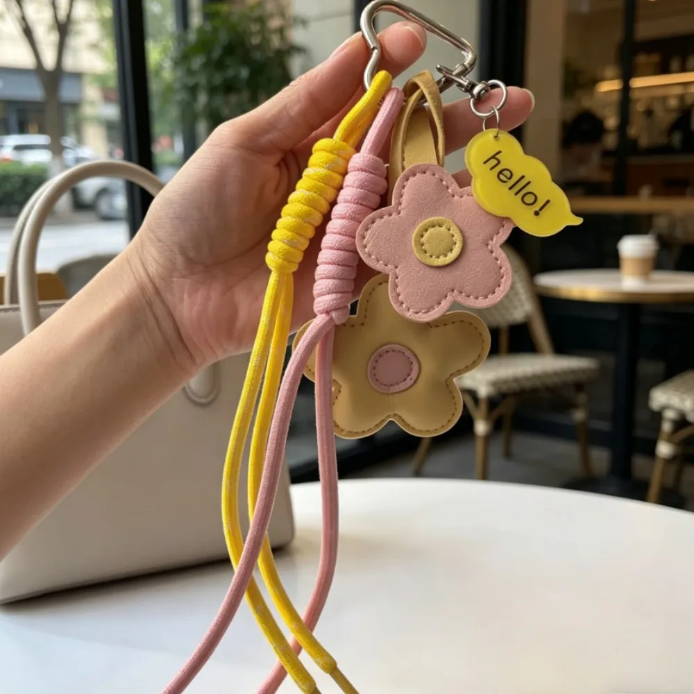 Flower Leather Bag Charm Keychain, Braided Rope Pendant, Cute Floral Accessory for Women Bags & Keys