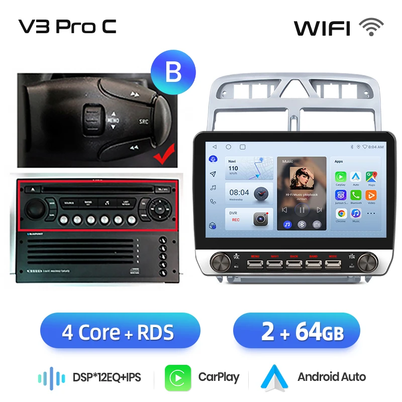 Junsun 10.1 "Draadloze Carplay AndroidAuto Autoradio voor Peugeot 307CC 307SW 2002-2013 radio met knoppen Bluetooth GPS 4G DSP