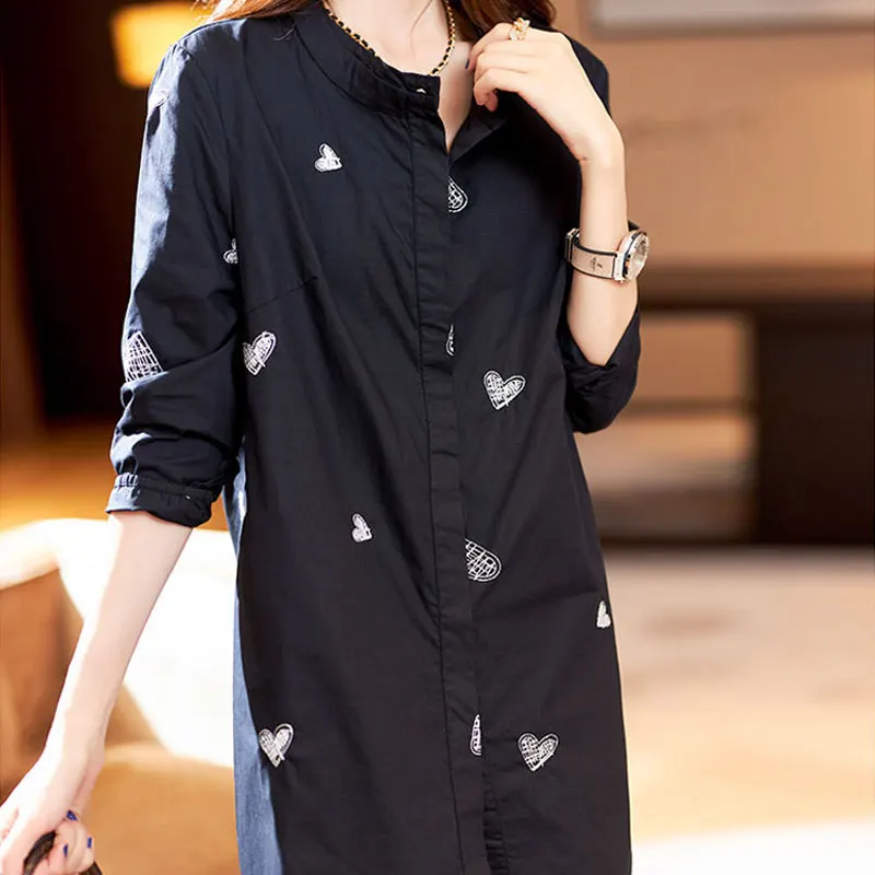 Office Lady Heart-shaped Printed Midi Blouse Fashion Single-breasted Female Clothing Round Neck Spring Autumn New Straight Shirt