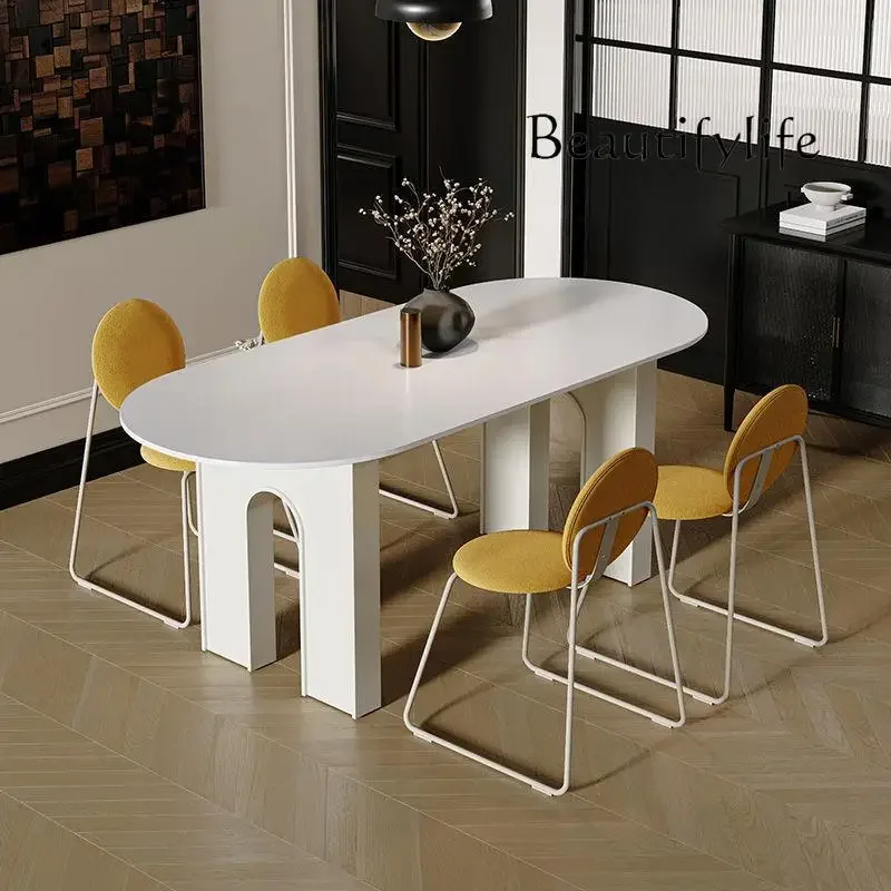 French retro cream wind rock slab oval dining table small apartment household white dining table and chair combination