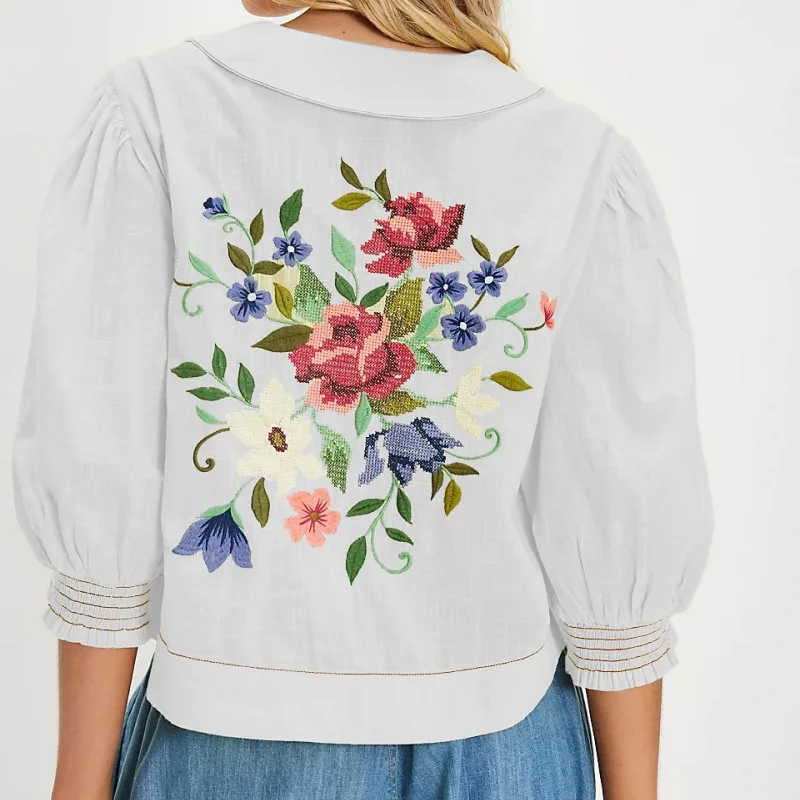 المرأة Y2k زر حتى المطرزة الأزهار بلوزة المحاصيل القمم لطيف نفخة Smocked كم الخروج بلايز الصيف شير الكتان