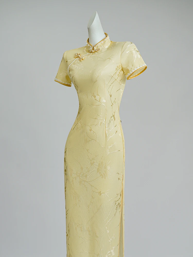 

Ele Young Sle Goose Желтый Китайский Новый Sle Qipao Лето 2025 Высококачественная Аосфера Young Модель Цветочный Узор Длинный Dr