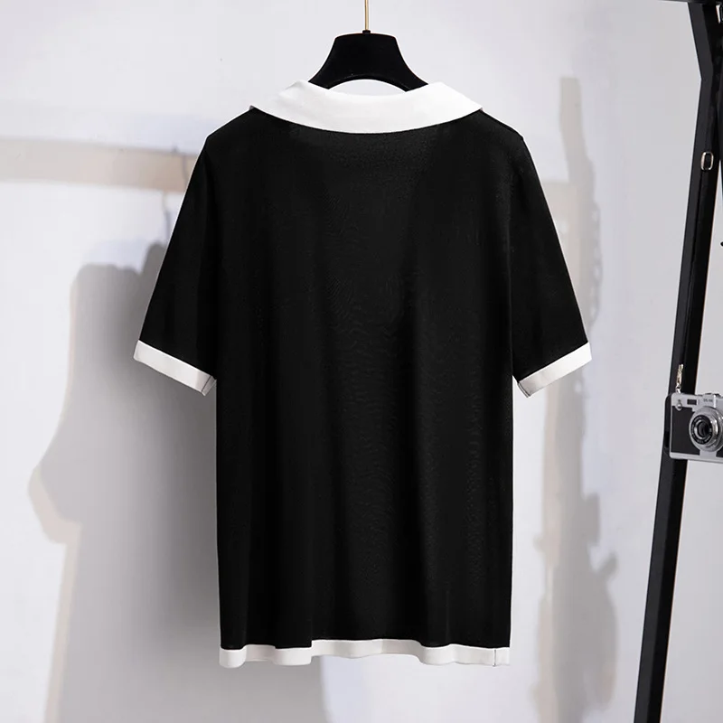 170Kg Plus Size Women\'s Bust 160 Summer Loose Ice Silk Lapel Knitted Top Short-Sleeved T-Shirt Black 5XL 6XL 7XL 8XL 9XL 10XL