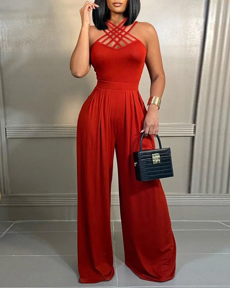 

Cutubly Elegant Red Jumpsuit For Women Sleeveless High Waist Wide Leg Flare Jumpsuits 2023 New Ladies Club Evening Party