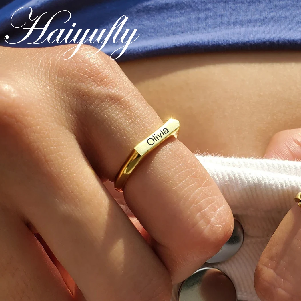 Haiyufly Engrave Name Bar Ring for Women Men Stainless Steel Jewelry Personalized Glossy Stacking Finger Ring Wedding Bands Gift