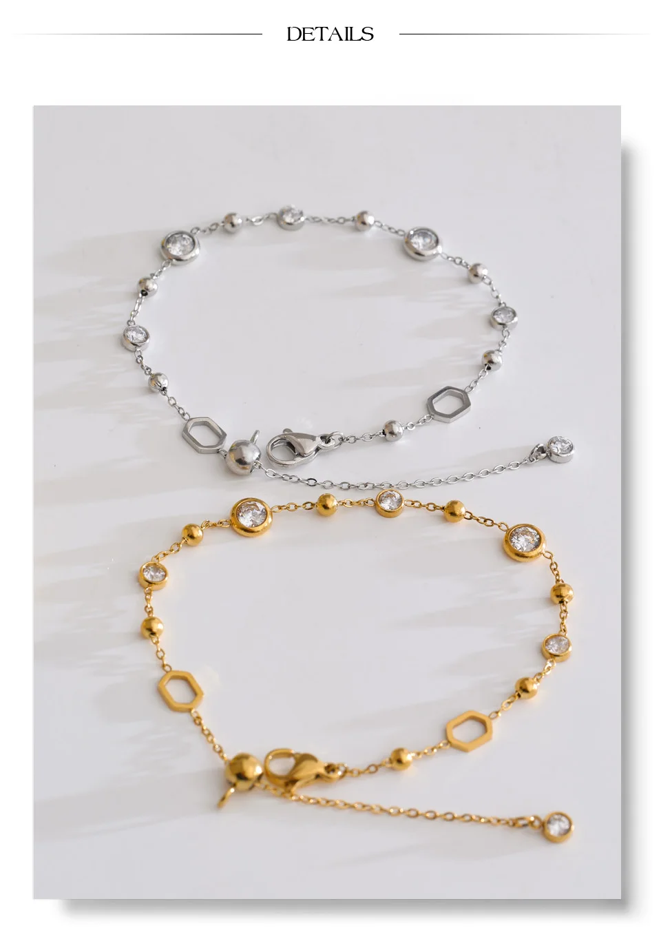 Yhpup Edelstahl-Armband mit Zirkonia-Kette, trendiges, zartes, ästhetisches, schickes, verstellbares Handgelenkschmuckstück, PVD-beschichtet – Detail 5
