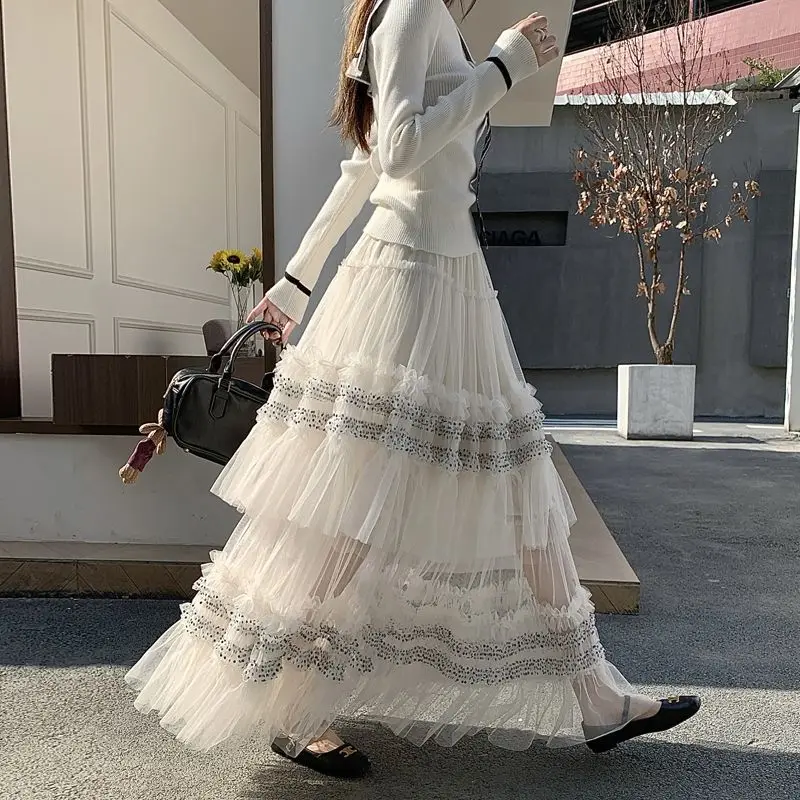 Early Spring Heavy Industry Multi level Mesh Puff Cake Skirt French Style Ballet High Waist A-line Half length Skirt
