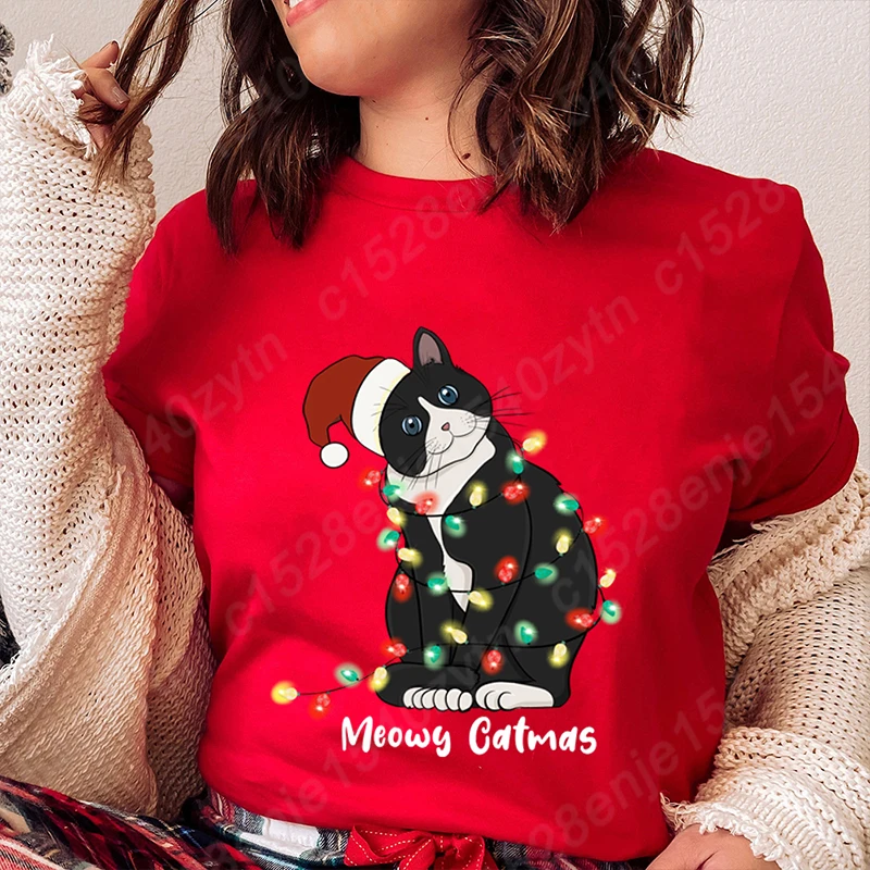 

Christmas Light Cat Meowy Catmas Print T-shirt Women Summer Short Sleeve Round Neck Cute Loose T-shirt Creative Personalized Top