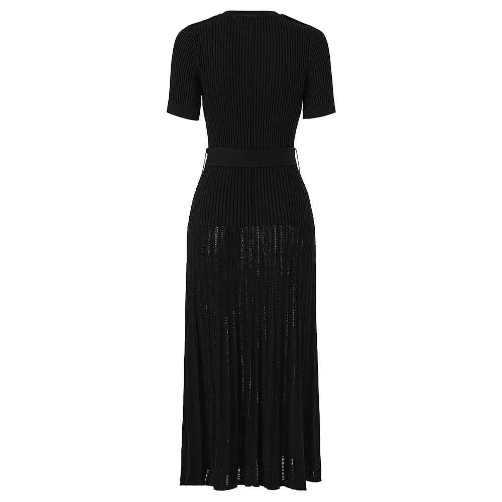 ZJYT 여름 패션 긴 니트 스웨터 드레스 여성 디자이너 짧은 소매 레이스 우아한 슬림 맞는 파티 휴일 드레스 블루