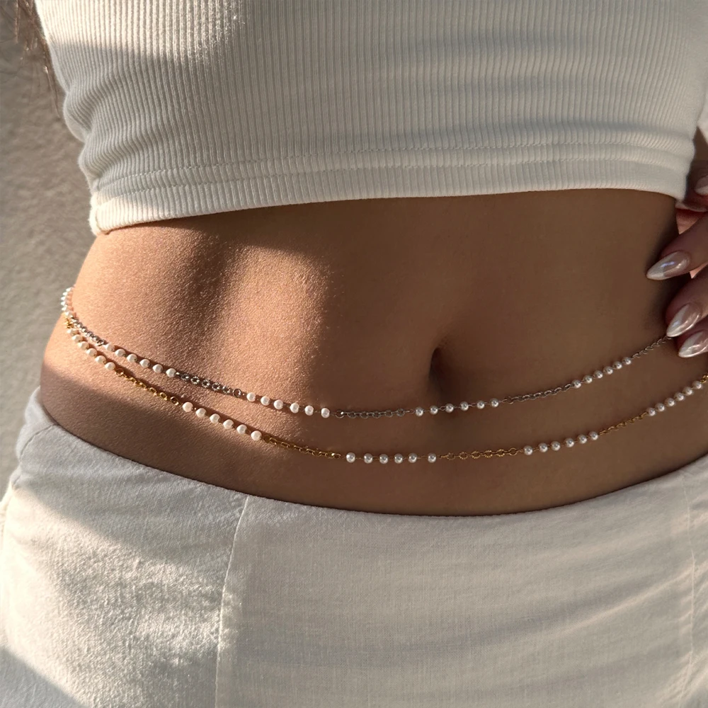 ENFASHION Waist Chain Imitation Pearl Belly Chain For Women's Stainless steel 18K Gold Plated Hight Street Jewelry O250009