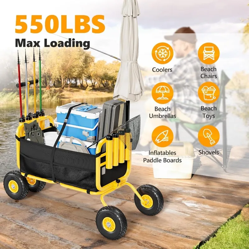 카트, 11인치 에어리스 타이어가 장착된 접이식 트롤리, 대형 화물 바구니가 있는 해변 트레일러, 550파운드 적재 용량, 8인승