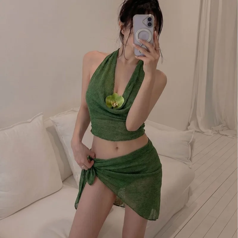 Stylish Green Separates Bikini Set for Women Pure Desire Aesthetic Four Piece Beach Wear for Island Holiday Thermal Spring Escap