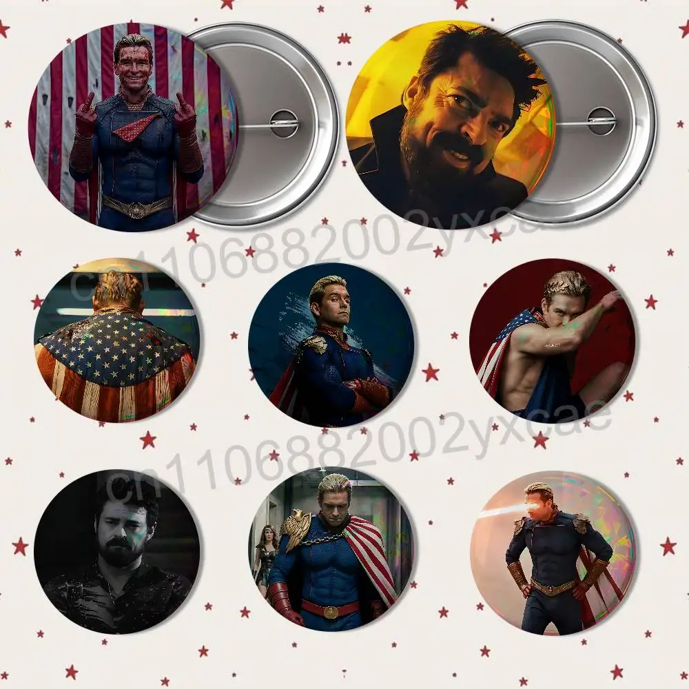 movie Homelander The Boys Reflective Pin Tinplate Round Brooch Cartoon Cosplay Badges for Bag Hat Toys Gifts