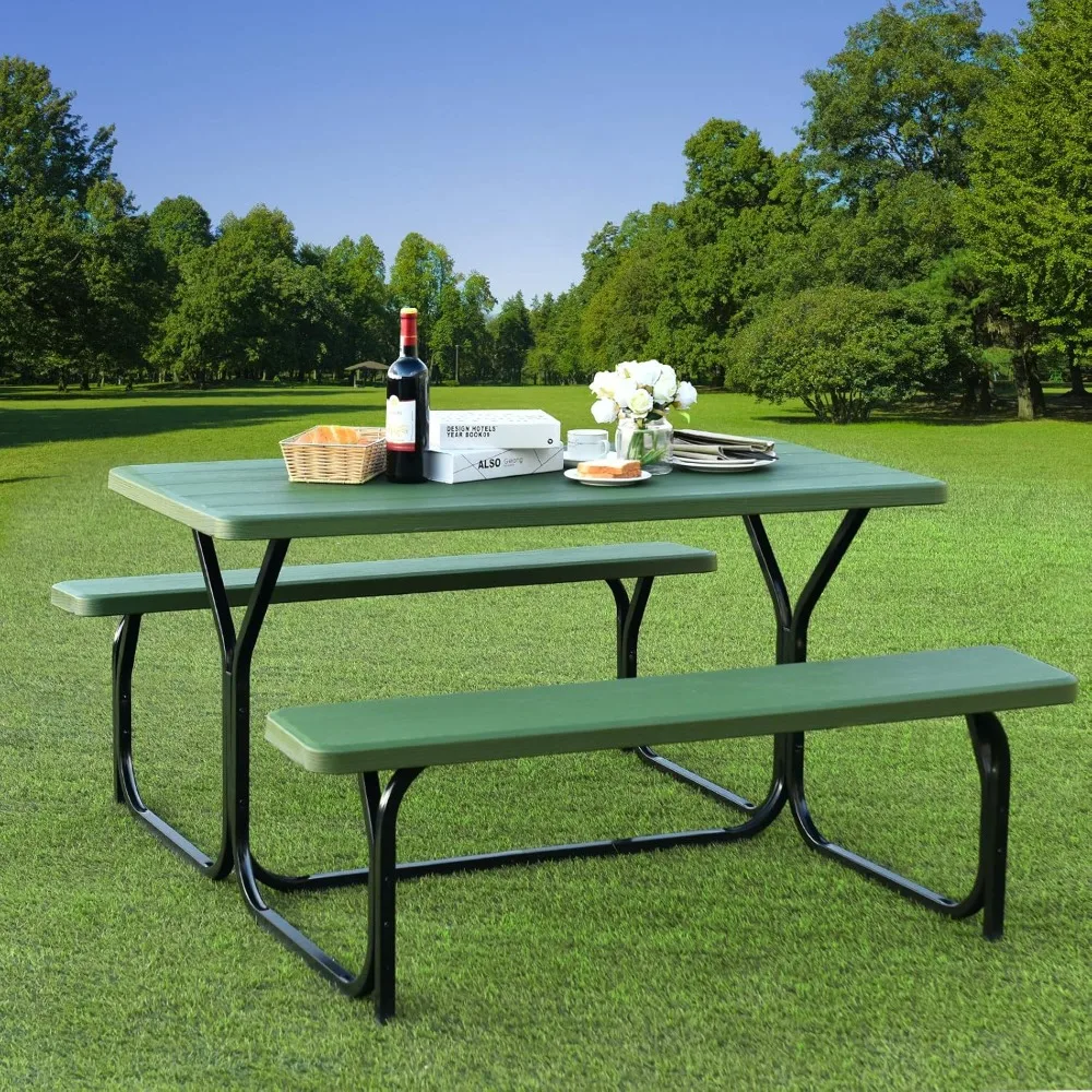 Giantex Picnic Table Bench Set Outdoor Camping All Weather Metal Base Yard Pool Dining Party Garden Patio Lawn Deck Large