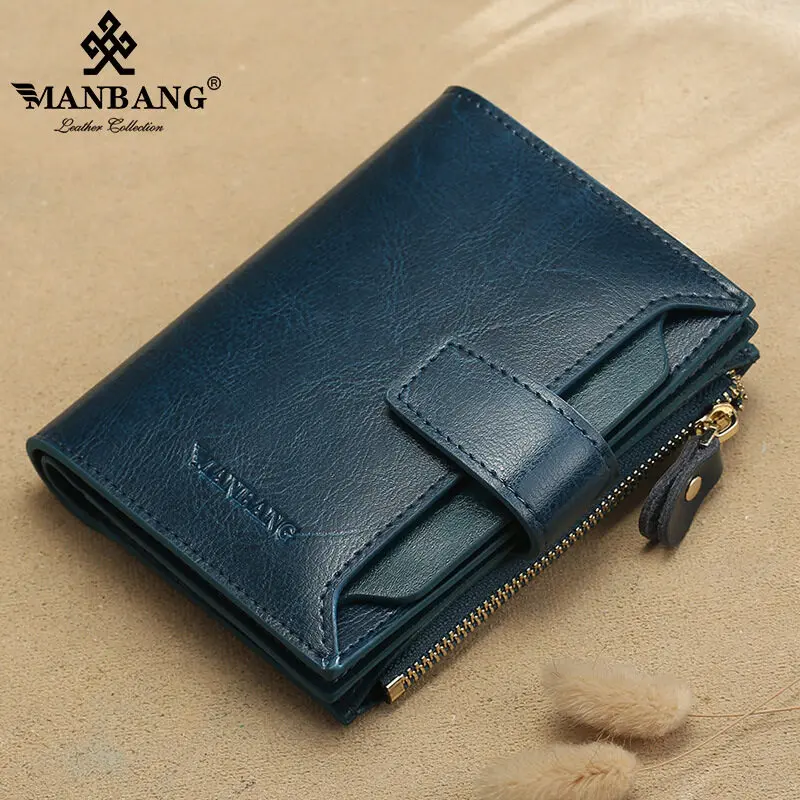 【Genuine Cowhide Leather & 14Card Slots】ManBang Brand Women's Wallet Short Zipper Female Tri-Fold Vertical Card Purse Anti-RFID