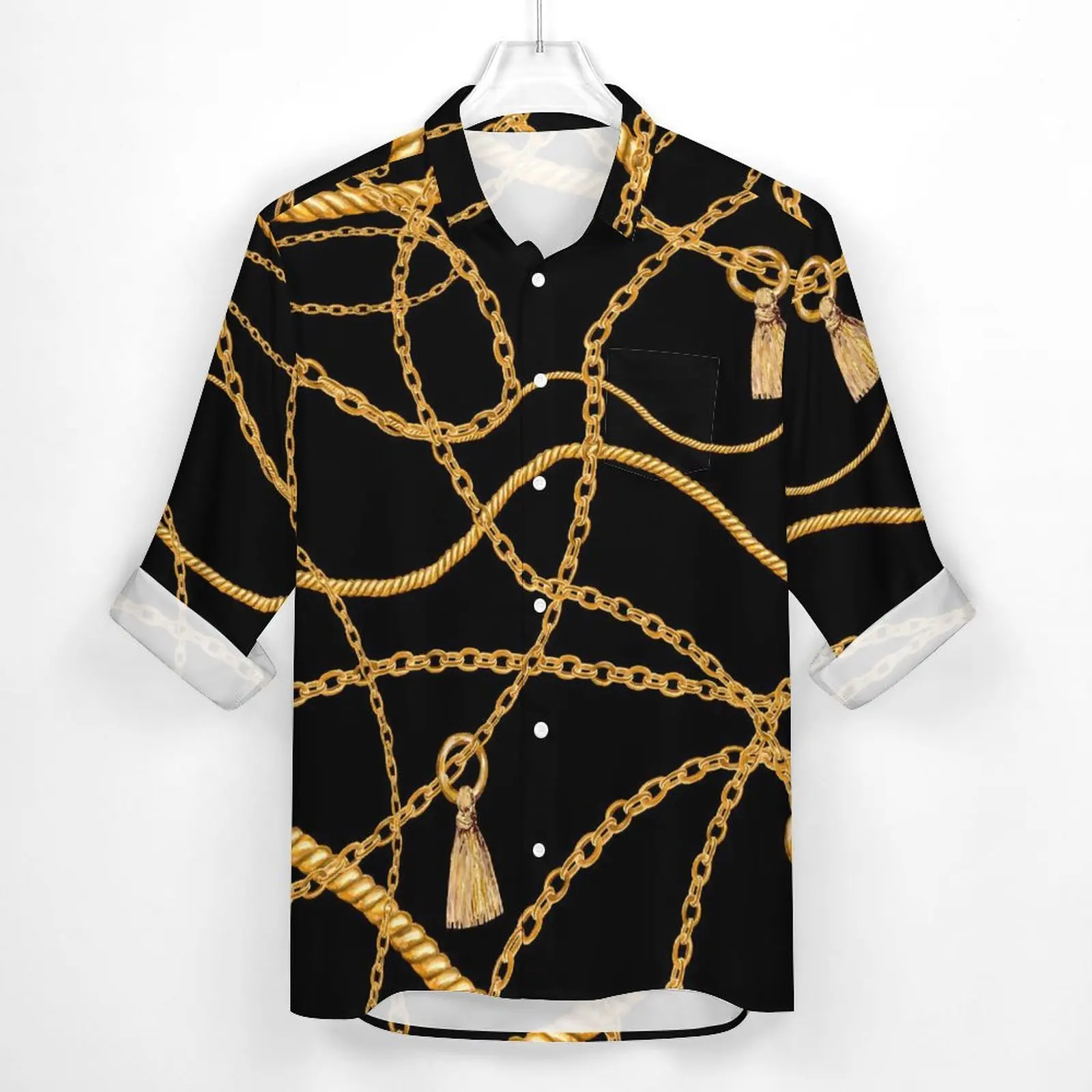 Gold Chain Shirt Man Links Print Casual Shirts Autumn Street Custom Blouses Long Sleeve Fashion Oversized Clothing Gift Idea