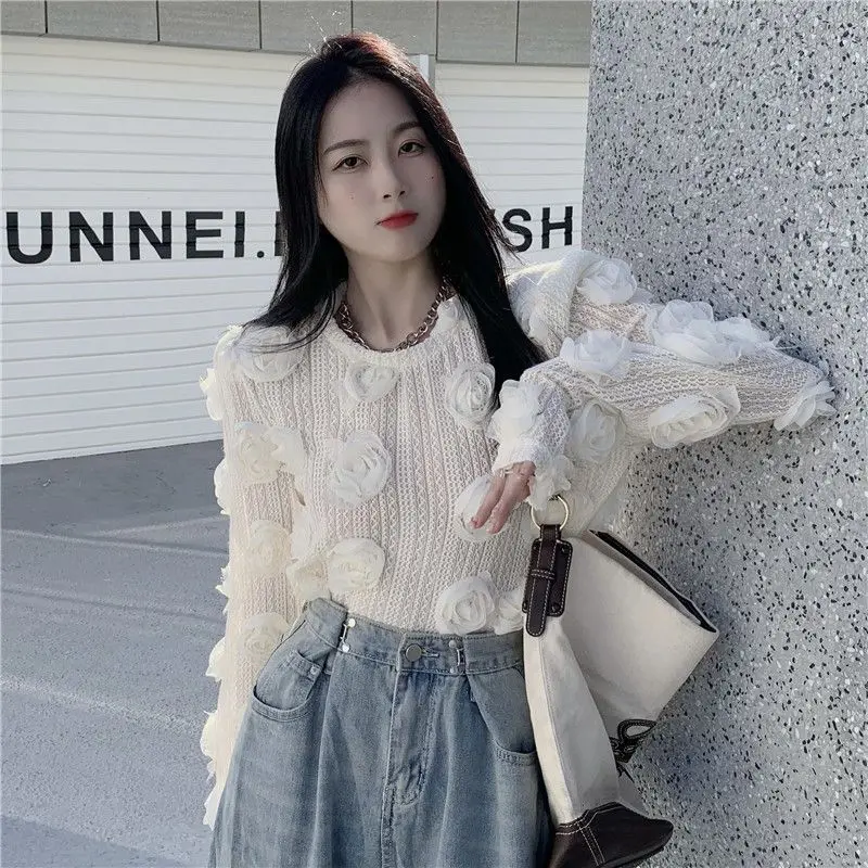 Women Sweater 2023 Spring Autumn New Fashion Korean 3D Flower Casual LooseSweet O-Neck Girls Sweater