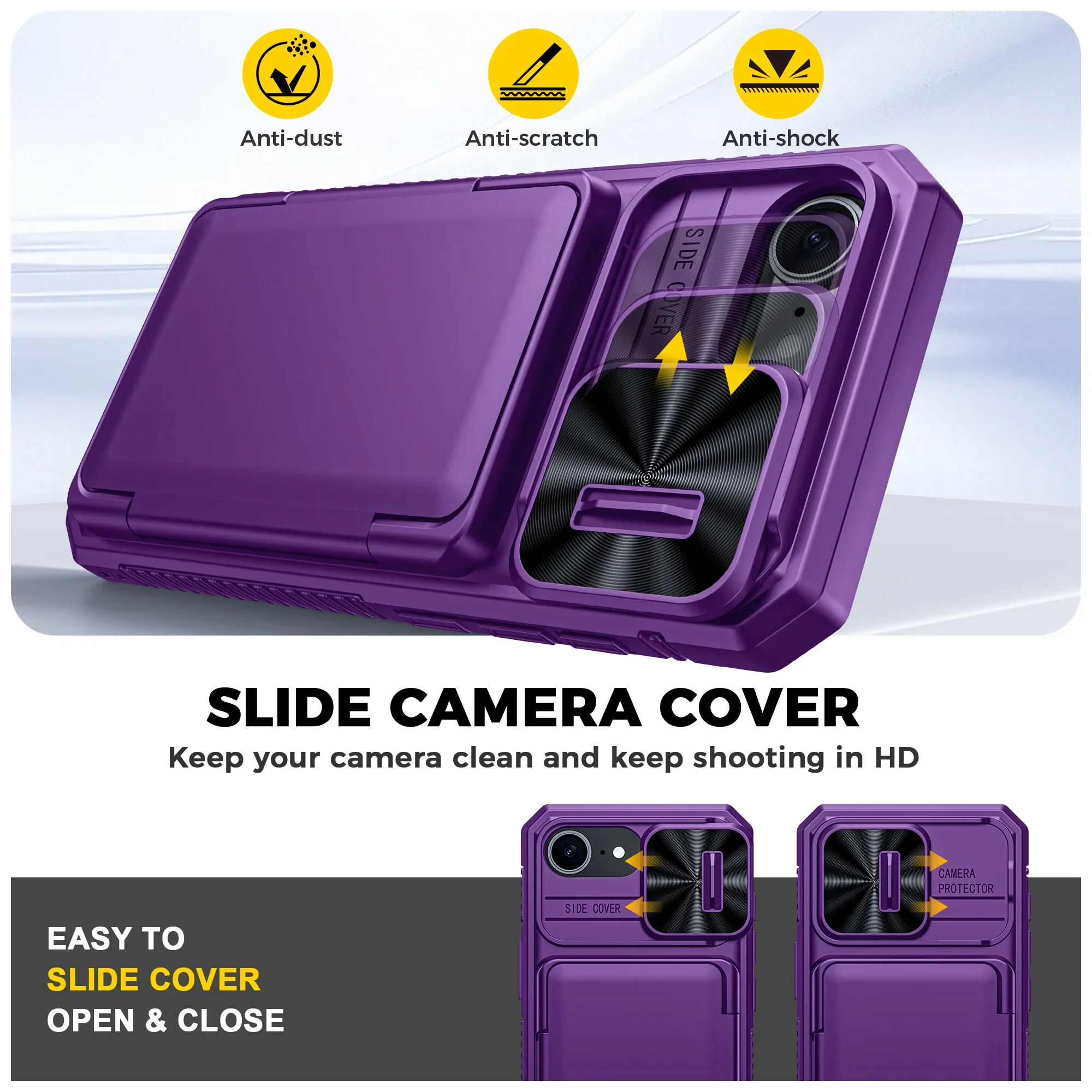 هدايا الهالوين، حامل بطاقات محفظة RFID، غطاء كاميرا، جراب هاتف واقٍ متين مقاوم للصدمات لهاتف iPhone 16 E-Purple