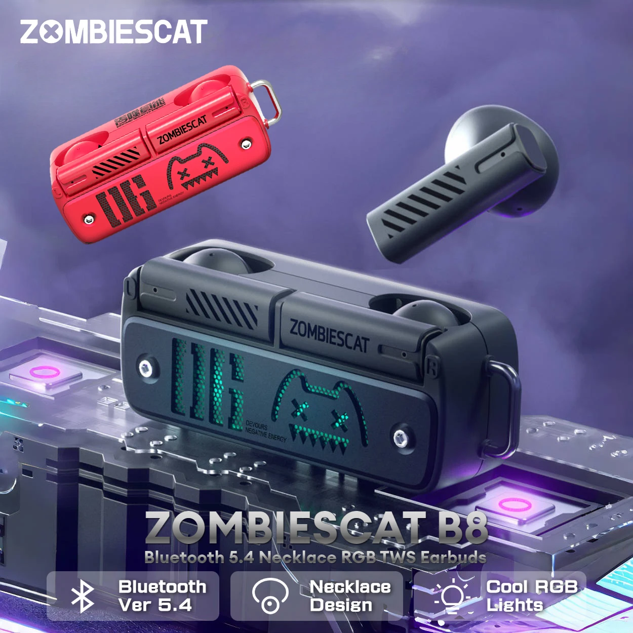 

Zombie Cat B8 Bluetooth 5.4 Earbuds TWS Ture Wireless Earphones ENC Noise Cancelling HD Calls Wireless Headphone Necklace Design