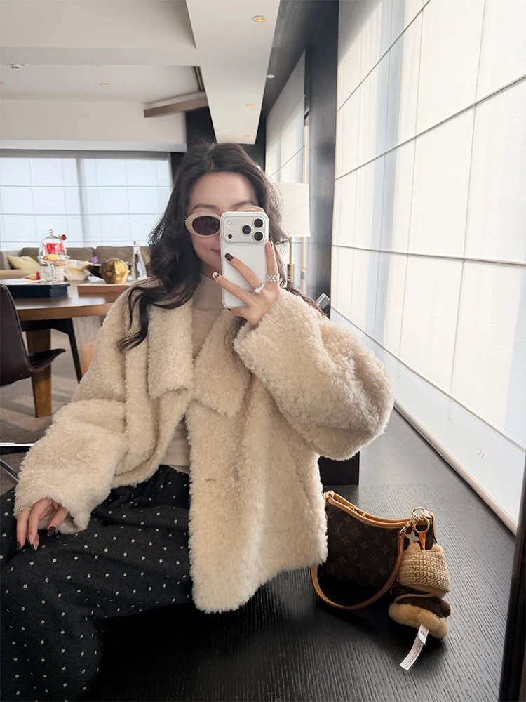 

Ele Korean Sle Women's Woolen Leather Jaet Collar Flip Winter Coat Small Size Suede Cotton Clothes Inteated Outerwear