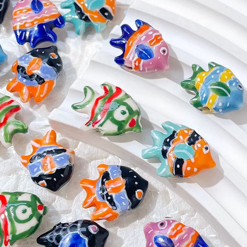 New 5pcs Ceramic Beads 18*23mm Hand Painted Deep Sea Fish Tropical Fish Shape Spacer Bead for Jewelry DIY Bracelet Accessories