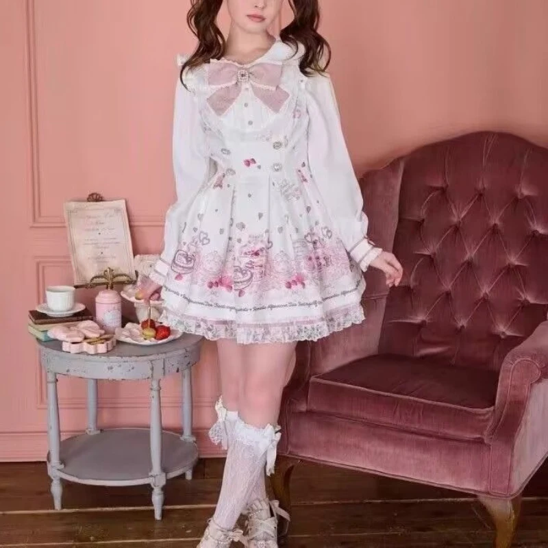 Zestaw Lolita w stylu japońskim, 2-częściowy, mini spódniczka Y2k, damska sukienka Harajuku, słodka sukienka z nadrukiem kawaii, topy, elegancka sukienka w stylu koreańskim.