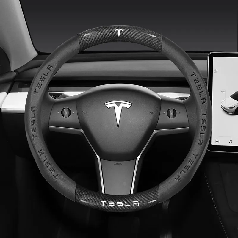 Tesla Cybertruck Beast Roadster 모델 3 모델 Y 모델 S 모델 X 용 자동차 탄소 섬유 가죽 미끄럼 방지 스티어링 휠 커버 썸네일 4