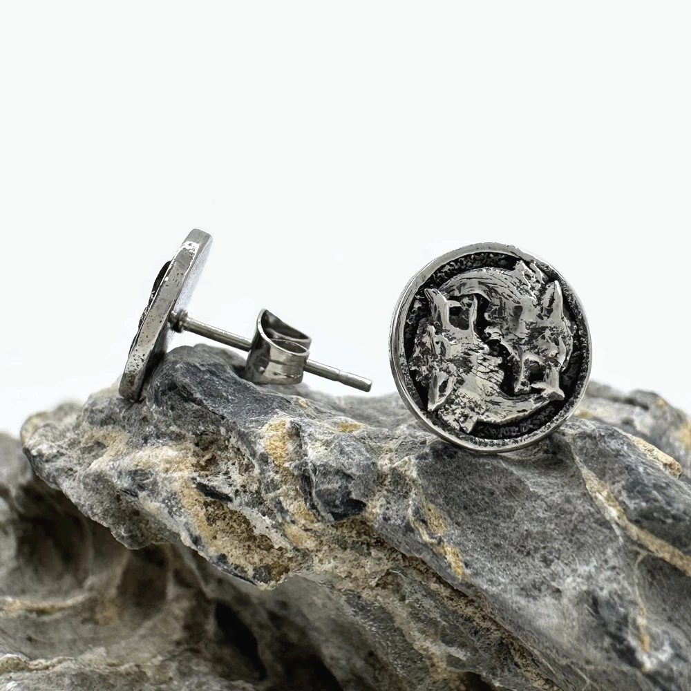 Vikings Style Wolf Studs 316L Stainless Steel Round Punk Men Boys Wolves Earrings