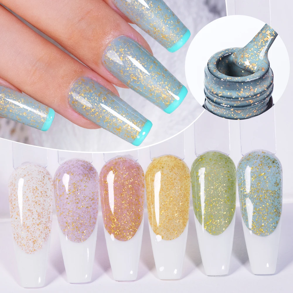 AWStorG 6 unids/set 7,5 ML escamas de oro brillo Base de goma Gel esmalte de uñas de larga duración extensión rápida Gel Nail Art pegamento UV constructor