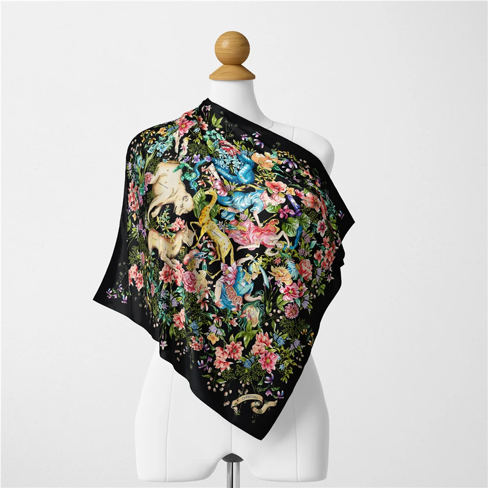 Twill Silk Scarf Woman Animals Flowers Printing Square Scarves Wraps Bandana Small Hijab Foulards Tie Headband Neckerchief 53CM