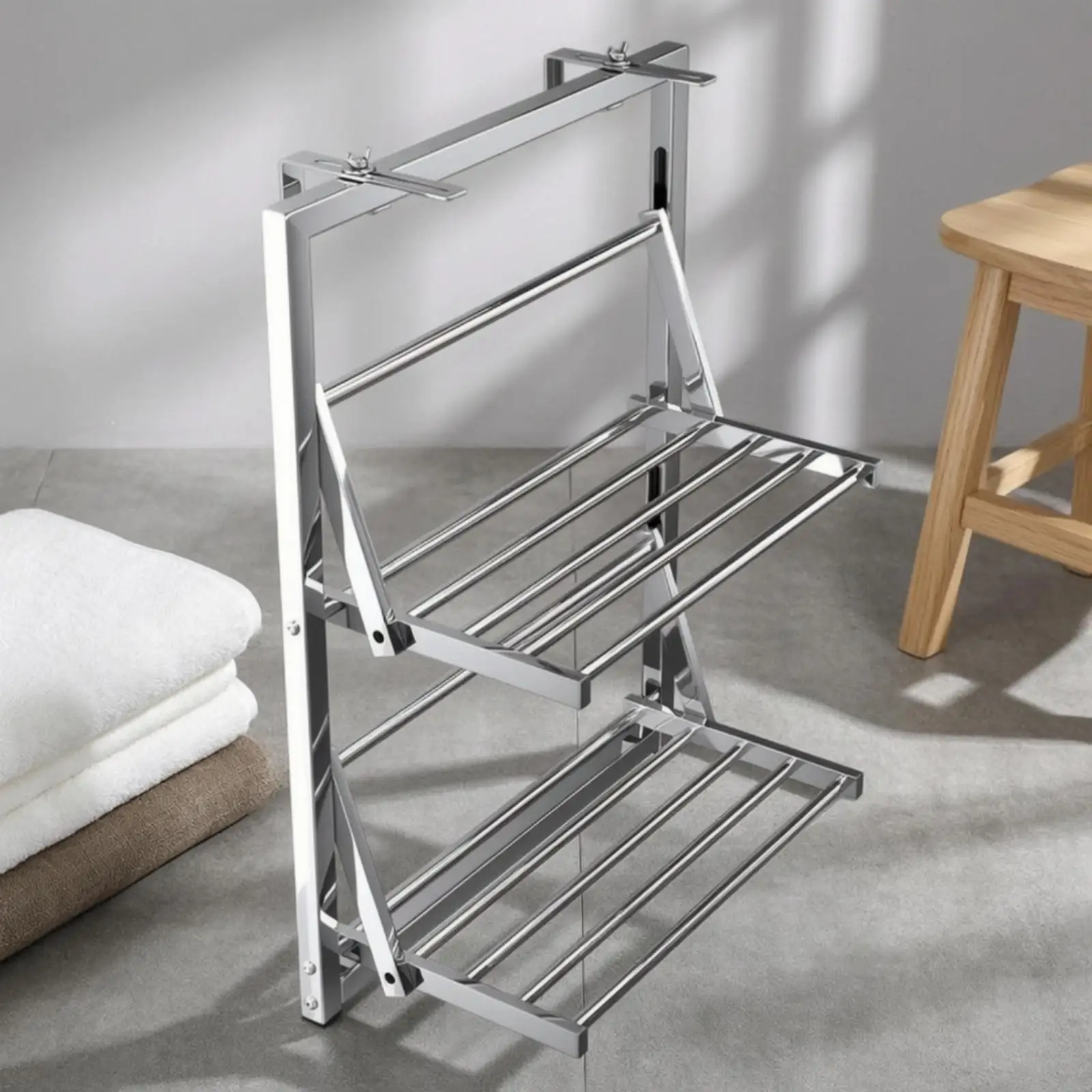 Stainless Steel Retractable Drying Rack Two Tier Wing Foldable Wall Hanging Clothes Dryer for Balcony Laundry Room Use