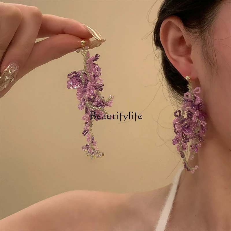 

Rose Purple Inflorescences~ Mori Romantic Wisteria Flower Fringed Earrings Bridal Wedding Earrings