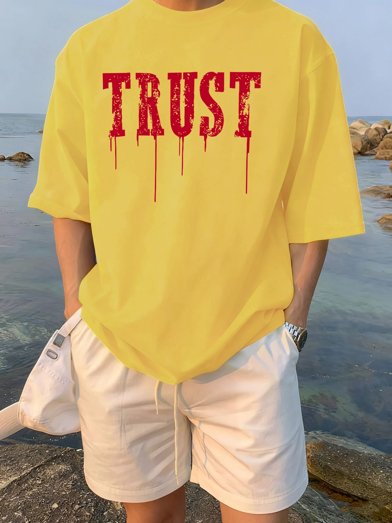 

Trust Letter Creative Printing Clothing Mens Cotton Loose Tee Shirts Summer High Street Short Sleeve Comfy Casual Fashion Tops