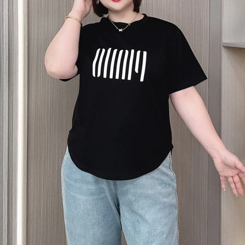 Curved Belly Cover Short Sleeve T-shirt Women Summer 2024 New Plus Size Tees Loose Casual Tops