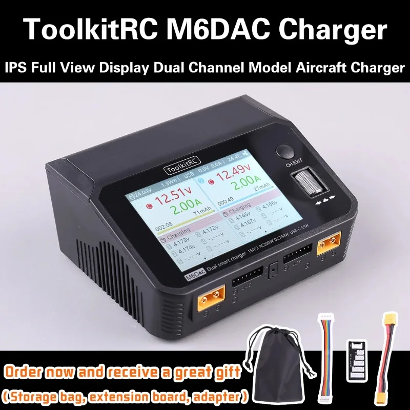 

ToolkitRC M6dac Dual Channel Smart Lipo Battery Charger Discharger AC 200W DC 350WX2 15A for 1-6S LiHV Lipo Battery PD 65W